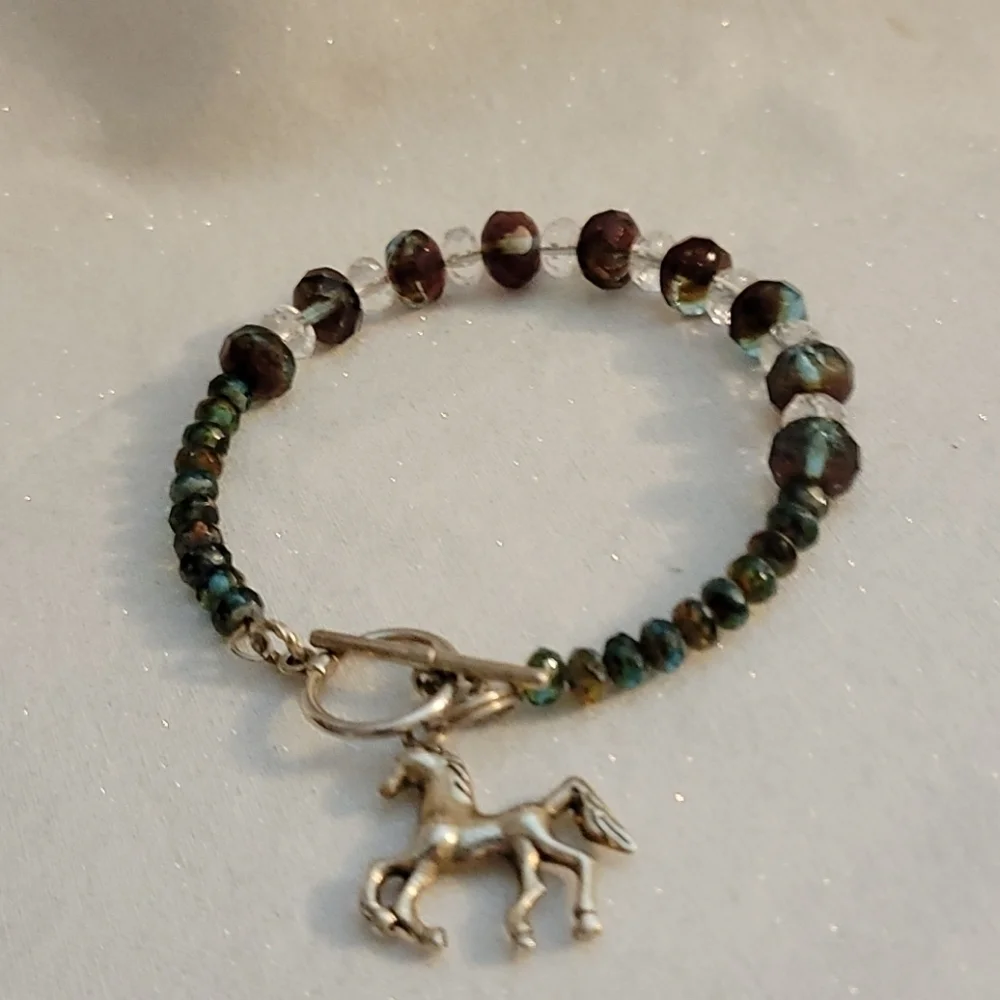 HANDMADE Czech Glass Bangle Horse Charm Toggle Rodeo Bracelet